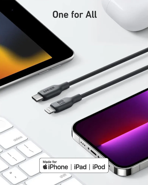 كيبل أنكر 542 من نوع USB-C إلي Lightning بقوة 140 واط طول 3 قدم (Bio Based) | أسود