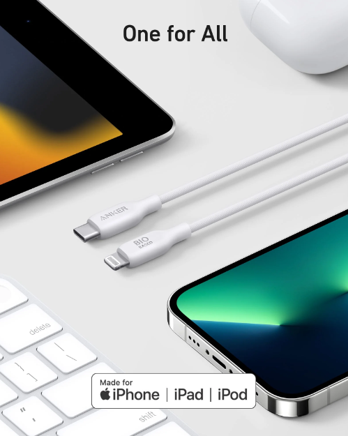 كيبل أنكر 542 مصنوع من مواد طبيعية USB-C إلى Lightning بقوة 30 واط مقاس 3 أقدام| أبيض
