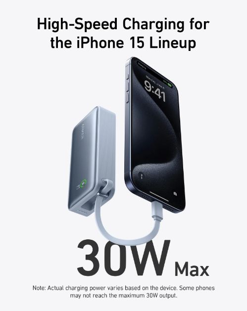 شاحن متنقل بقوة 30 واط شحن سريع بسعة 10000 مللي أمبير مع كيبل USB-C مدمج من Anker | أزرق