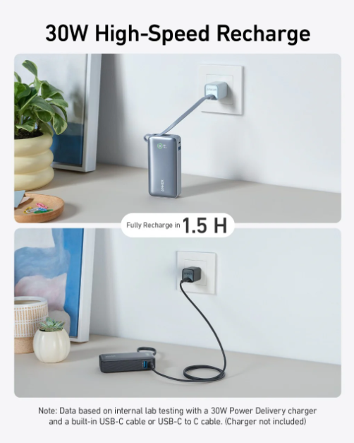 شاحن متنقل بقوة 30 واط شحن سريع بسعة 10000 مللي أمبير مع كيبل USB-C مدمج من Anker | أزرق