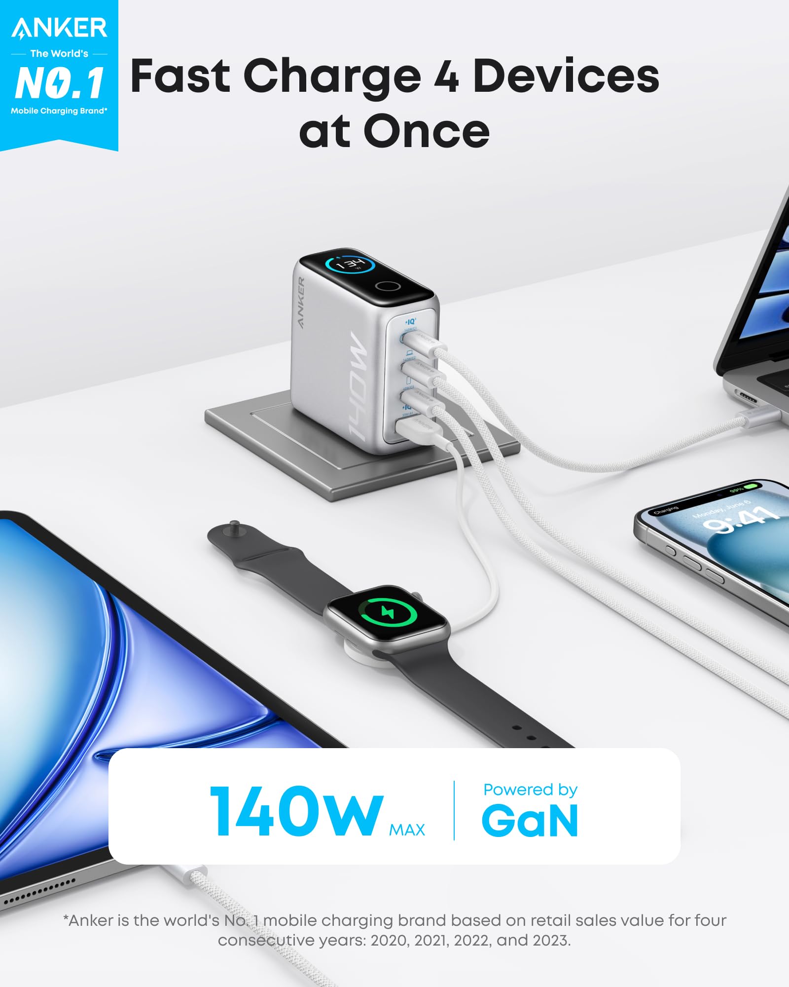 Anker 140W Multi-Port Charger – 4-Port Power Adapter with PD 3.1 & USB-C Cable | Silver