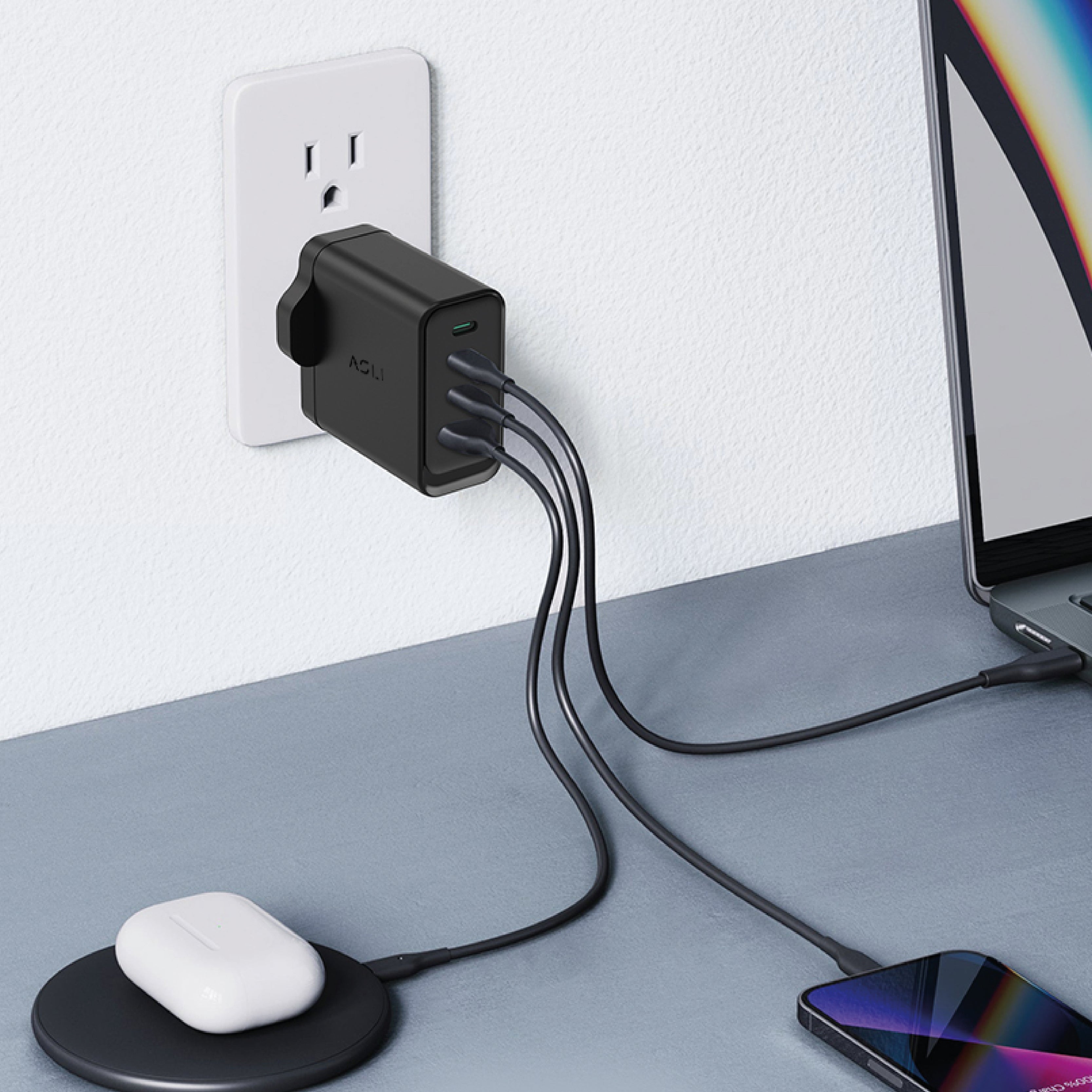 شاحن حائط فائق السرعة من أسلي جلوبال 100 واط بأربعة منافذ USB بتقنية GaN , PD | أسود