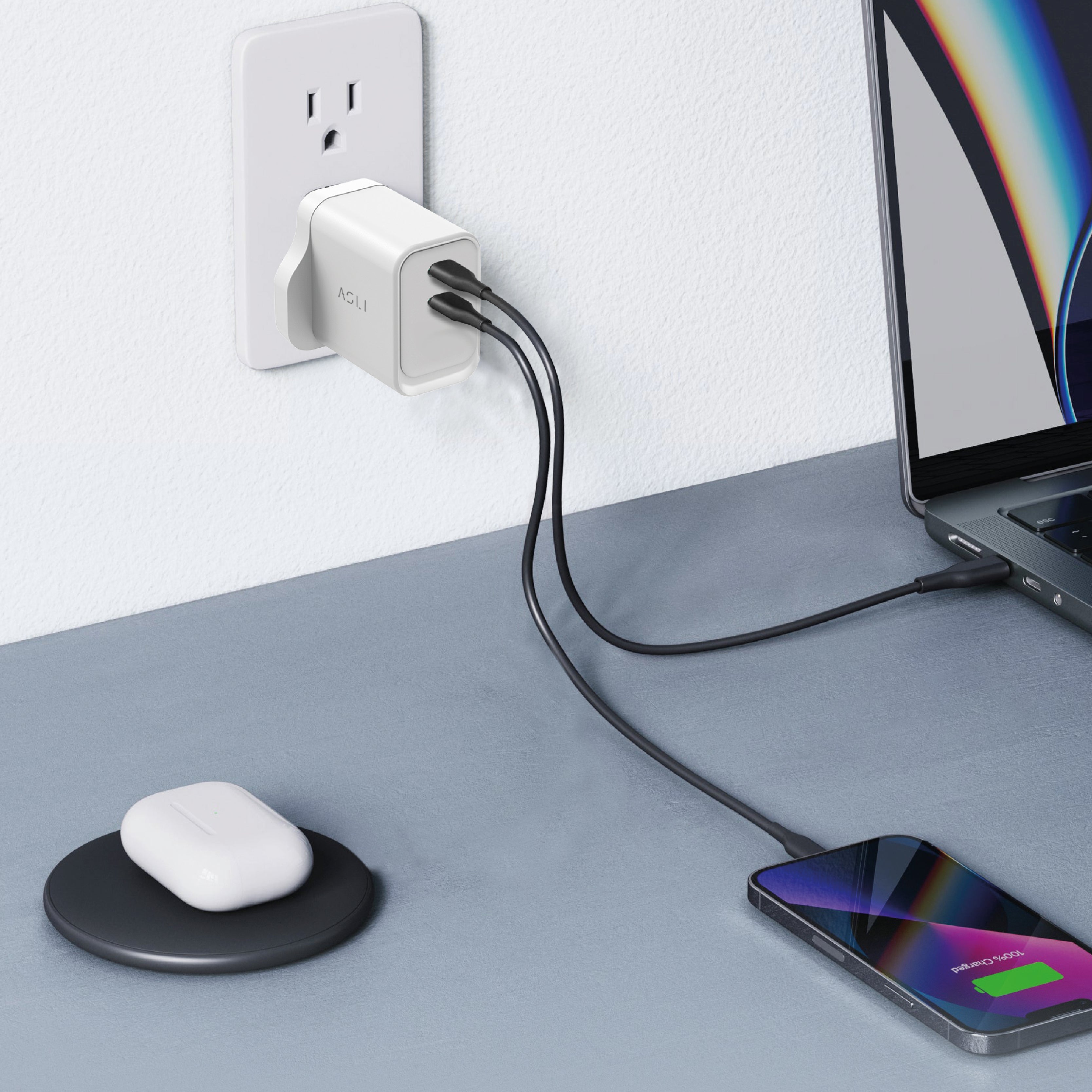 شاحن حائط فائق السرعة من أسلي جلوبال بتقنية GaN , PD ثنائي المنفذ USB-C | أبيض