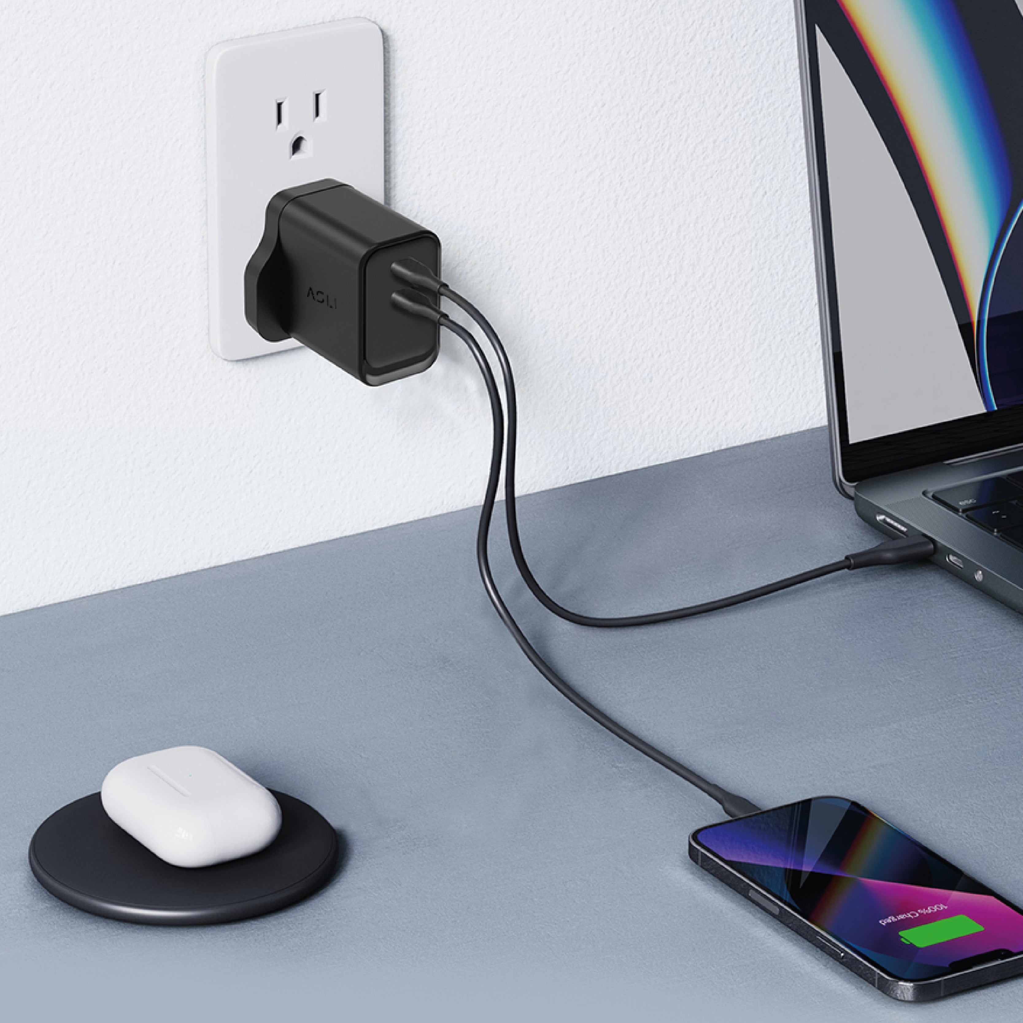 شاحن حائط فائق السرعة من أسلي جلوبال بتقنية GaN , PD ثنائي المنفذ USB-C | أسود