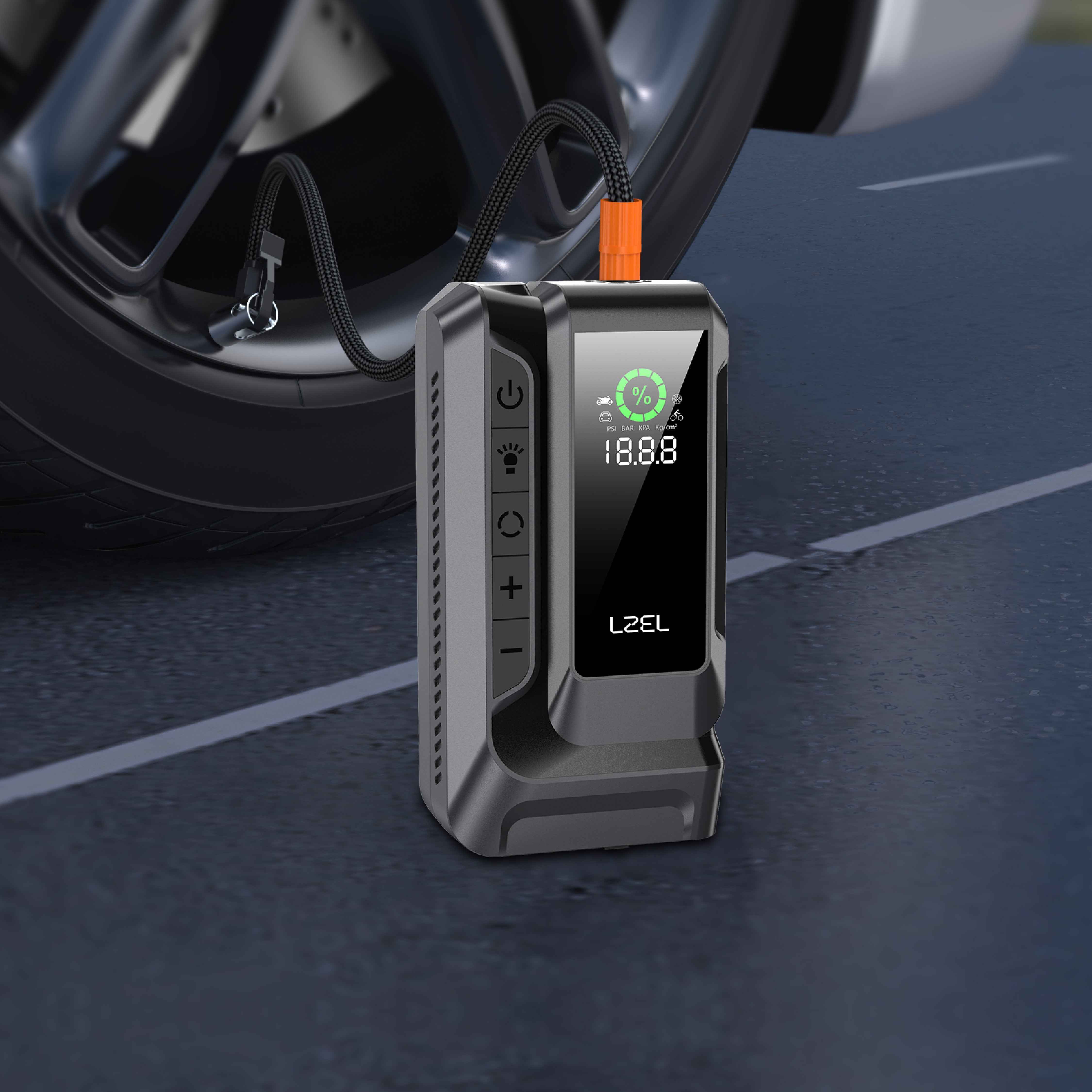 معزز لبطارية السيارة من LZEL EnergizeIgnite Air 12000mAh 12V مع كشاف LED ومنفاخ إطارات | رمادي/أسود