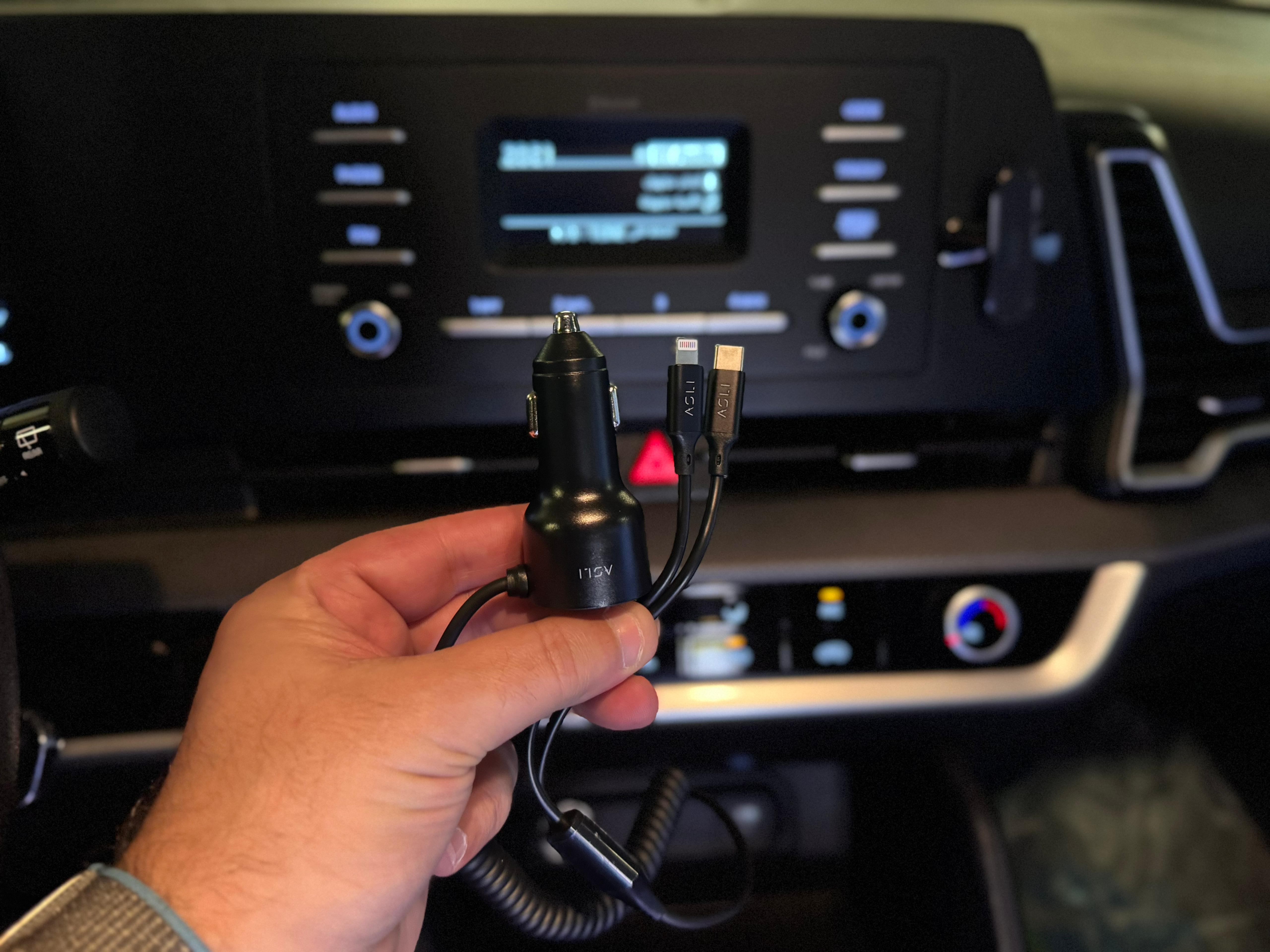 Asli Global PrimusCharger Max 65W Dual Port PD & QC Car Charger with Built-in Cables Type-C And Lightning | Black