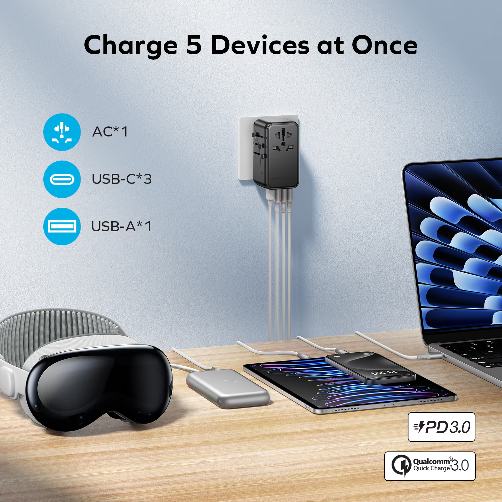 Momax - 1-World Universal 4-Port Travel GaN Charger 140W + USB-C Cable | Black