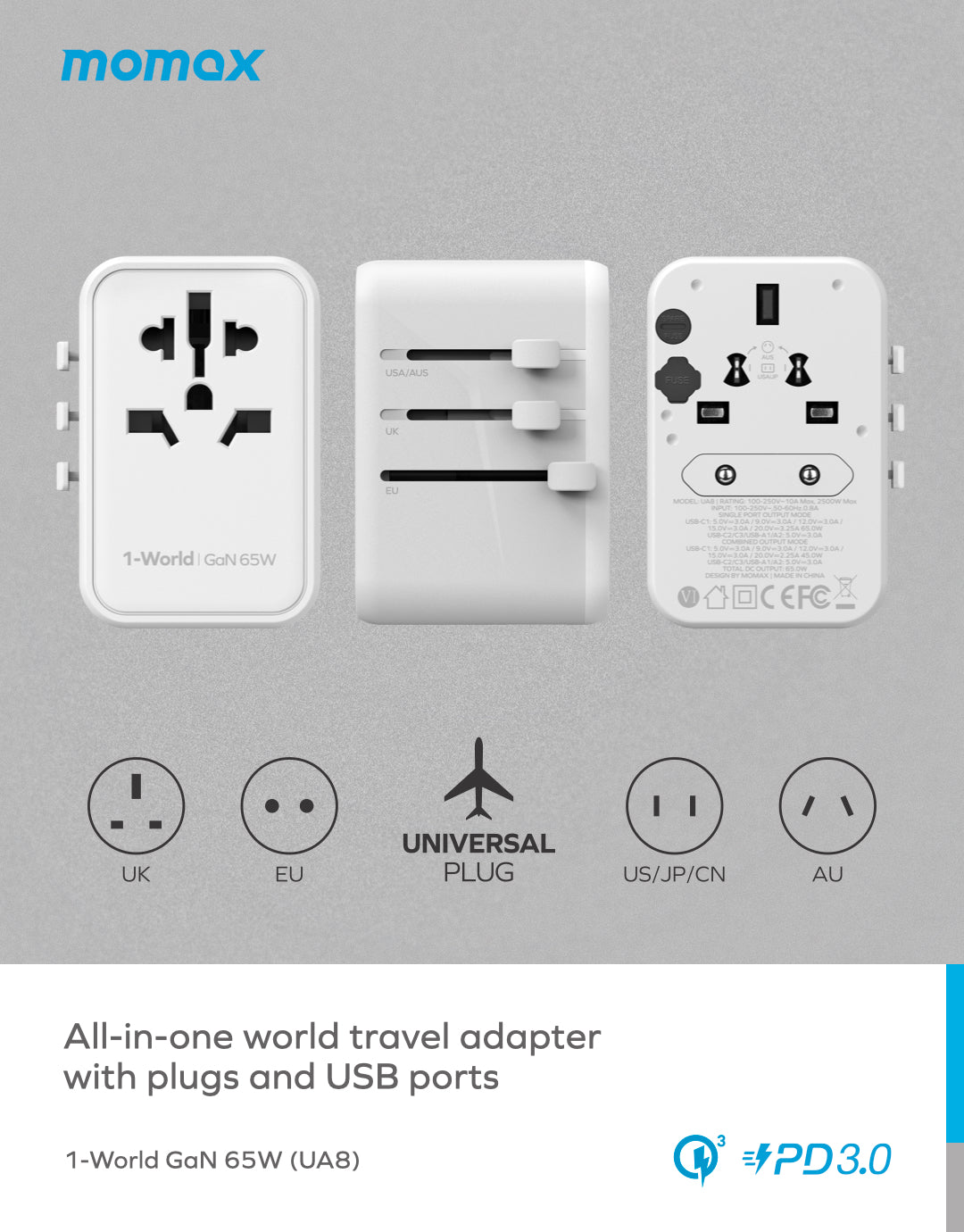 سلك تمديد موماكس ون بلج 65 وات مع USB أبيض (US15UKW)