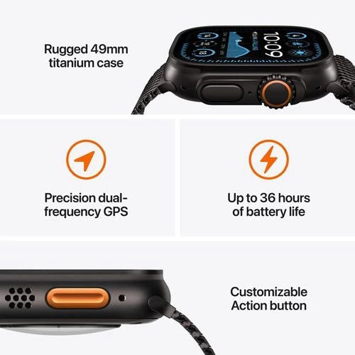 ساعة آبل واتش ألترا 2 (2024) - مقاس 49 ملم - GPS + Cellular - بهيكل من التيتانيوم الأسود - وسوار Alpine Loop مقاس متوسط | أخضر داكن