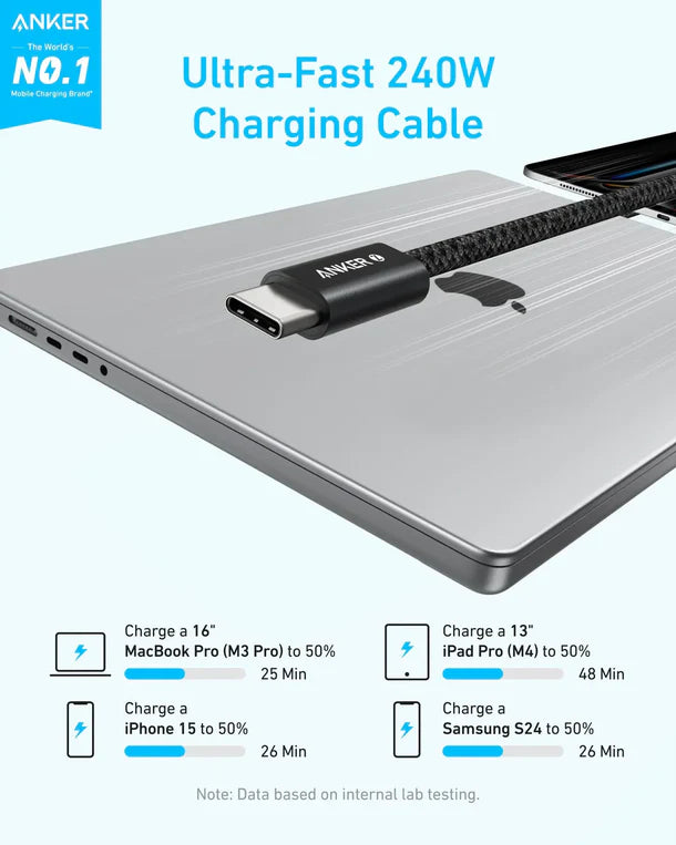 Zolo كيبل USB-C إلى USB-C من أنكر بقدرة 240 واط (1.8 متر) | أسود