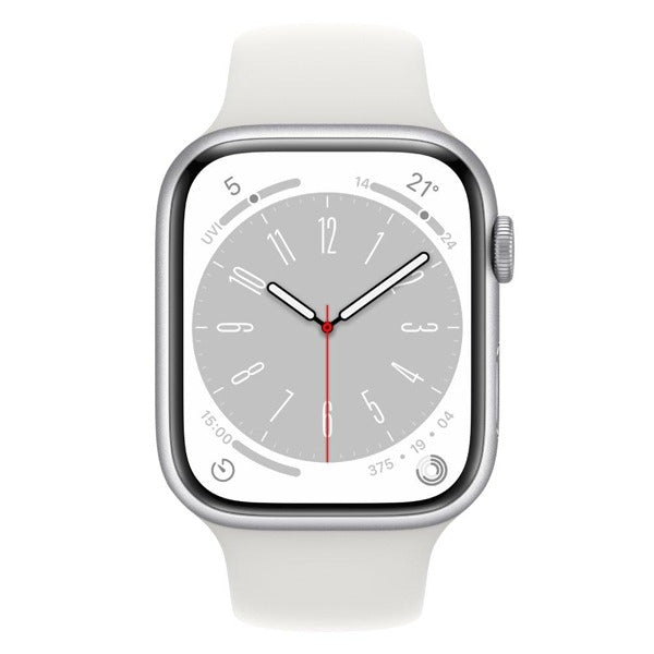 ساعة آبل واتش سيريس 8 GPS + Cellular مقاس 45 ملم بهيكل من الألومنيوم الفضي مع سوار رياضي فضي