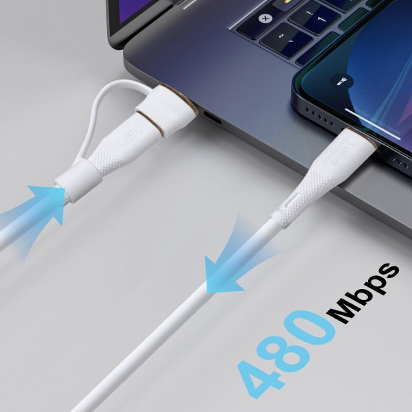 كيبل Celeris PowerDuo من ليزل 2 في 1 بقوة 100 واط USB-C إلي USB-C مع USB-A مدمج 3 متر| أبيض