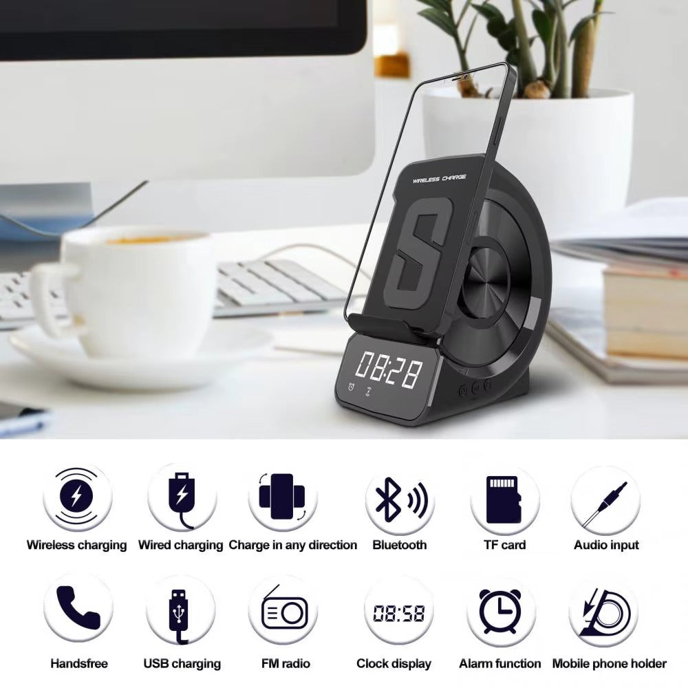 مكبر صوت مزود بساعة وشاحن لاسلكي باللون الرمادي (WD-200 G)
