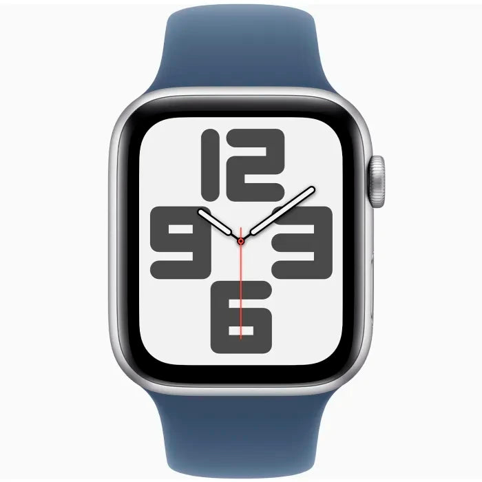 ساعة آبل واتش اس إي GPS مقاس 44 ملم - بهيكل من الألومنيوم الفضي مع سوار رياضي بلون Denim مقاس S/M