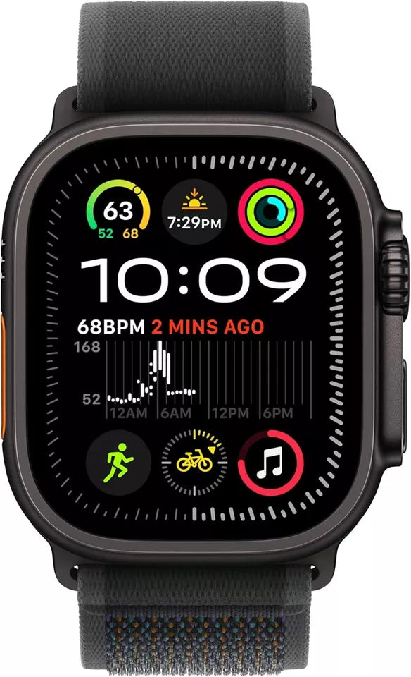 ساعة آبل واتش ألترا 2 (2024) - مقاس 49 ملم - GPS + Cellular - بهيكل من التيتانيوم الأسود - وسوار Trail Loop مقاس S/M | أسود
