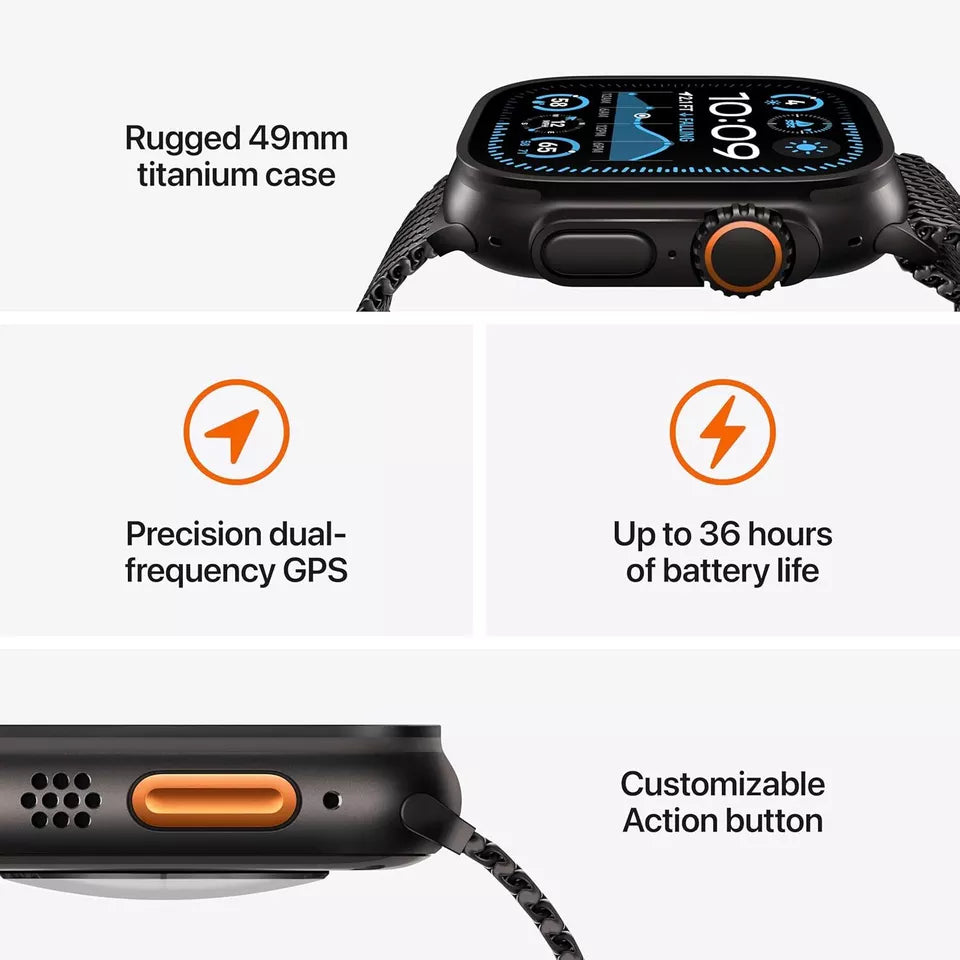 ساعة آبل واتش ألترا 2 (2024) - مقاس 49 ملم - GPS + Cellular - بهيكل من التيتانيوم الأسود - وسوار Trail Loop مقاس S/M | أسود