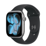 ساعة Apple Watch Series 11 (GPS + Cellular) مقاس 46 مم – هيكل ألومنيوم رمادي مع سوار رياضي أسود | مقاس M/L