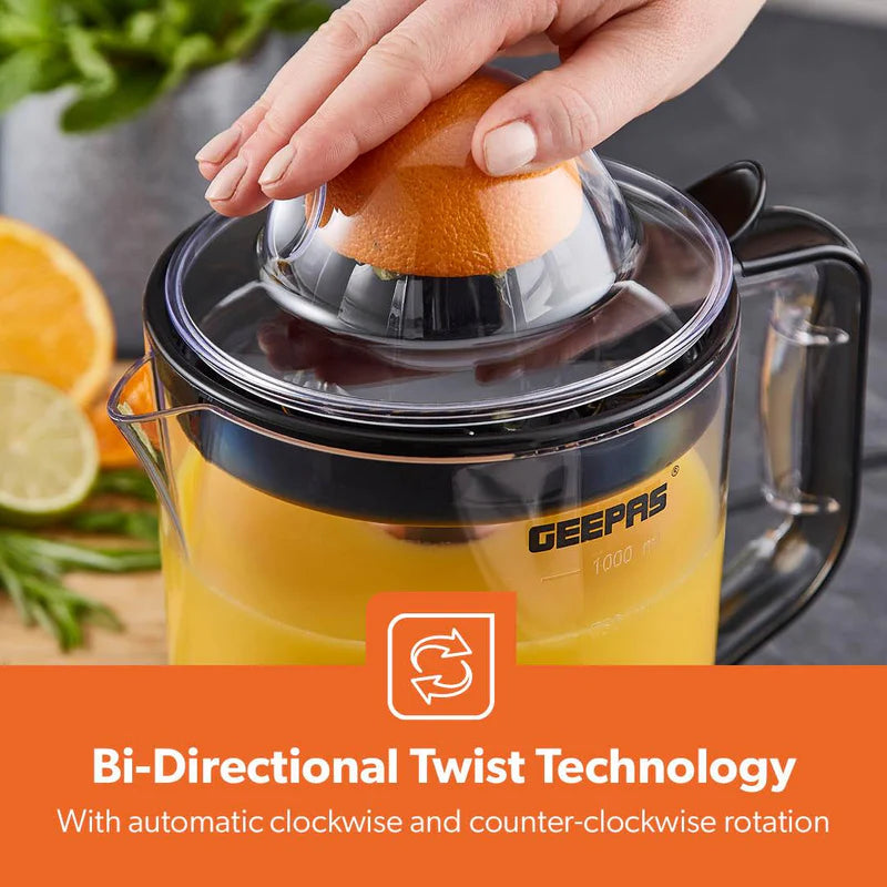 Geepas Citrus Juicer | 1.0L Large Capacity | Two-Way Rotation for Maximum Extraction | Durable Copper Motor | 25W Power | Easy to Clean