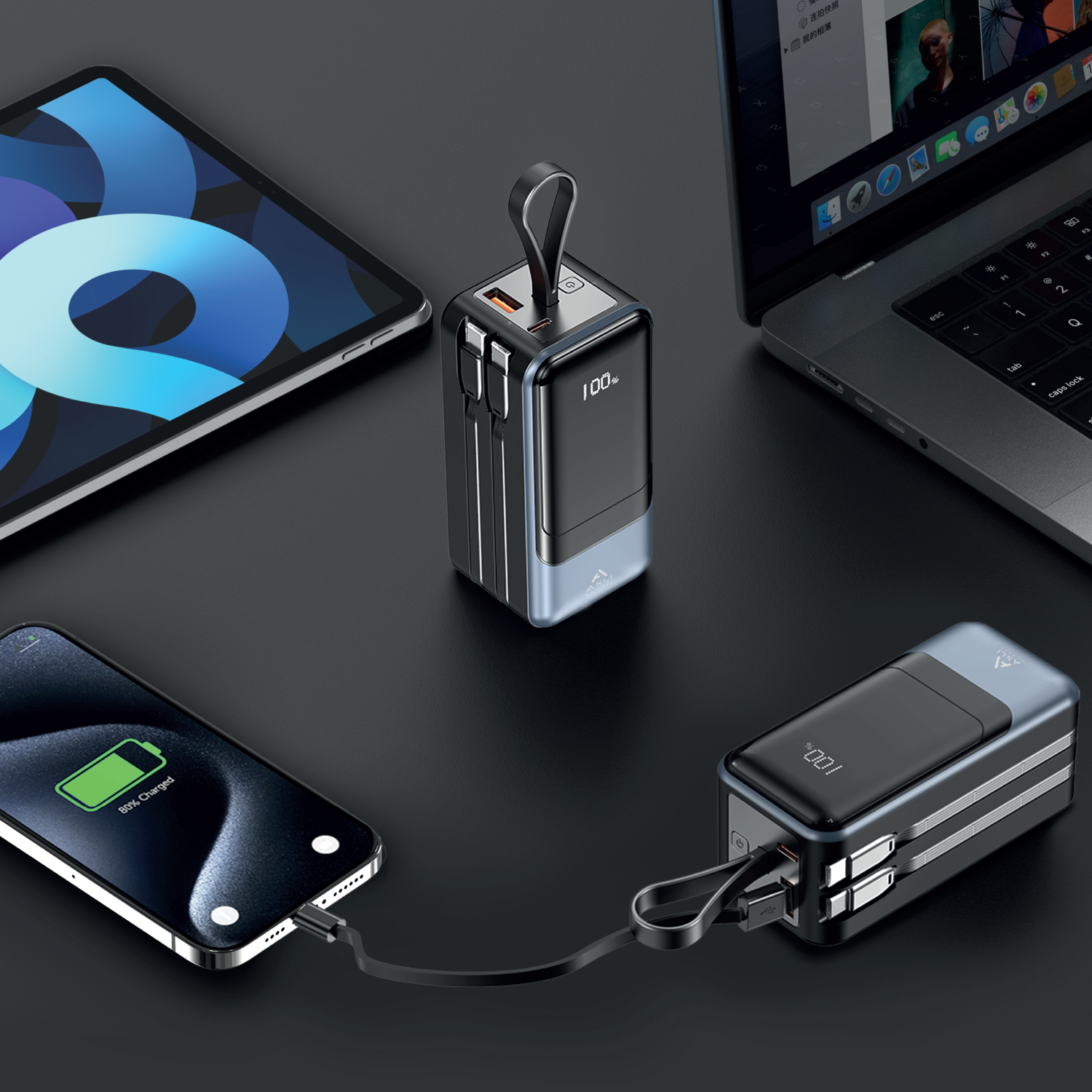 بطارية شحن متنقلة  أسلي جلوبال 2 كابلين 2 يو اس بي 20000 مللي أمبير PD | رمادي