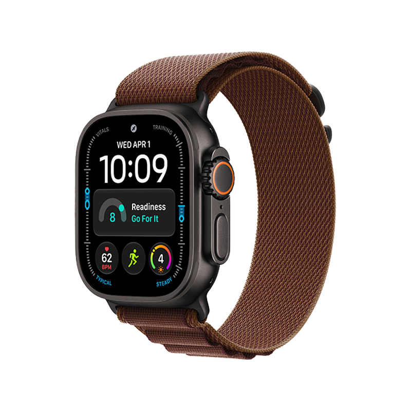 ساعة Apple Watch Ultra 4 GPS + Cellular مقاس 49 مم، هيكل من التيتانيوم الأسود مع سوار Alpine باللون Burgundy | L + عرض الباندل
