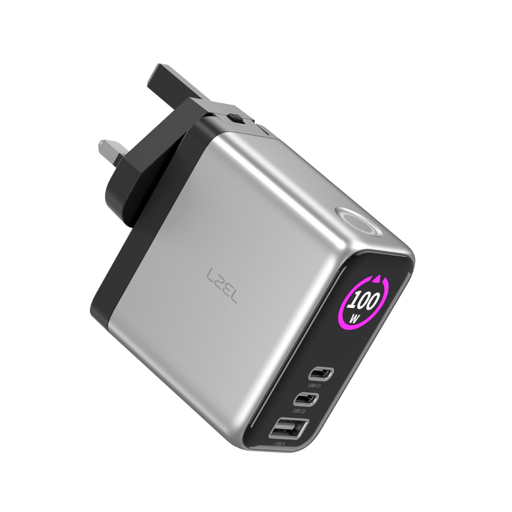LZEL 100W GaN Travel Charger with 3-Port PD Digital Display & UK/EU/AU Plugs | Silver/Black