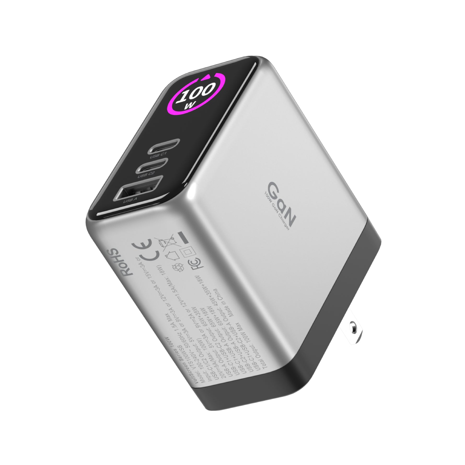 LZEL 100W GaN Travel Charger with 3-Port PD Digital Display & UK/EU/AU Plugs | Silver/Black