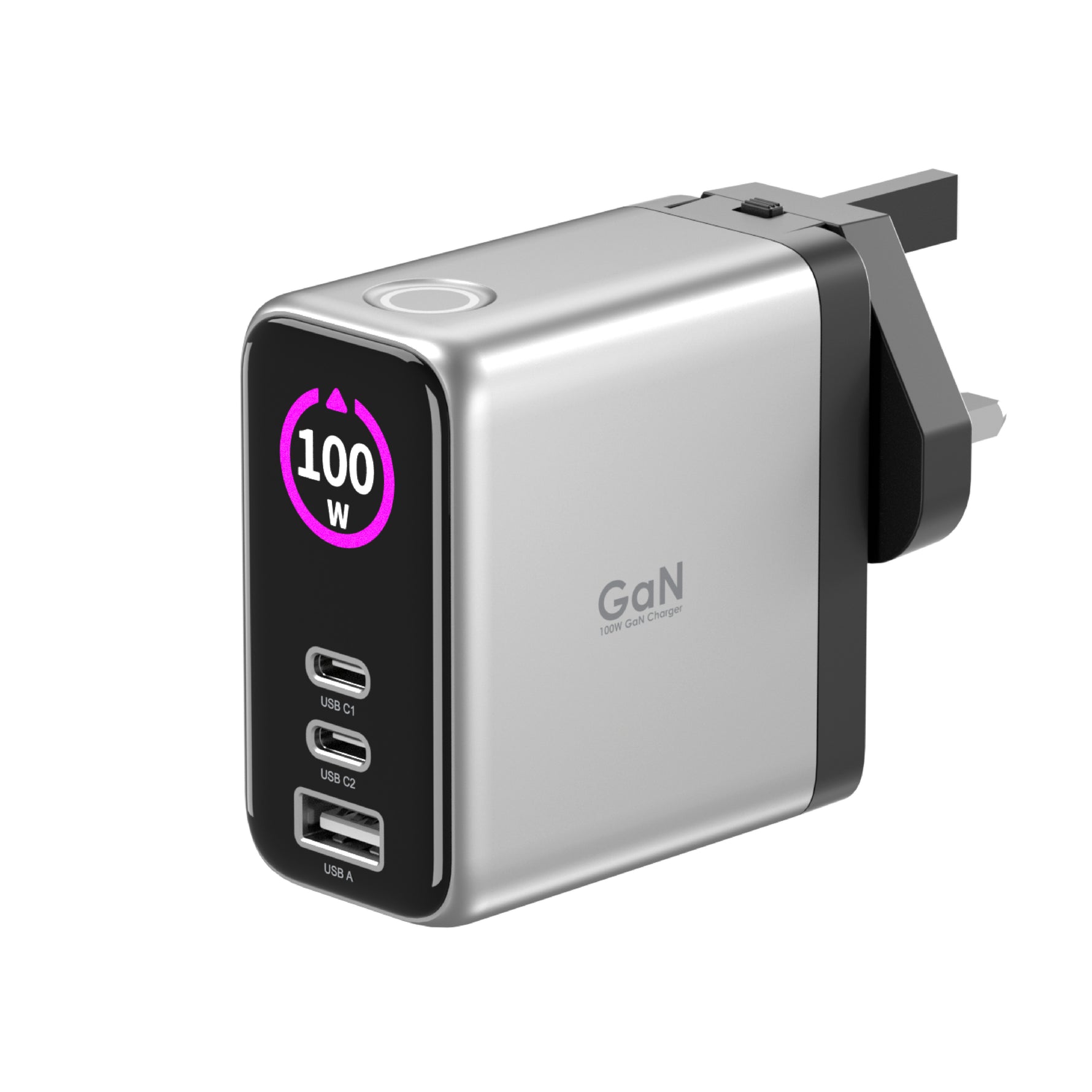 LZEL 100W GaN Travel Charger with 3-Port PD Digital Display & UK/EU/AU Plugs | Silver/Black
