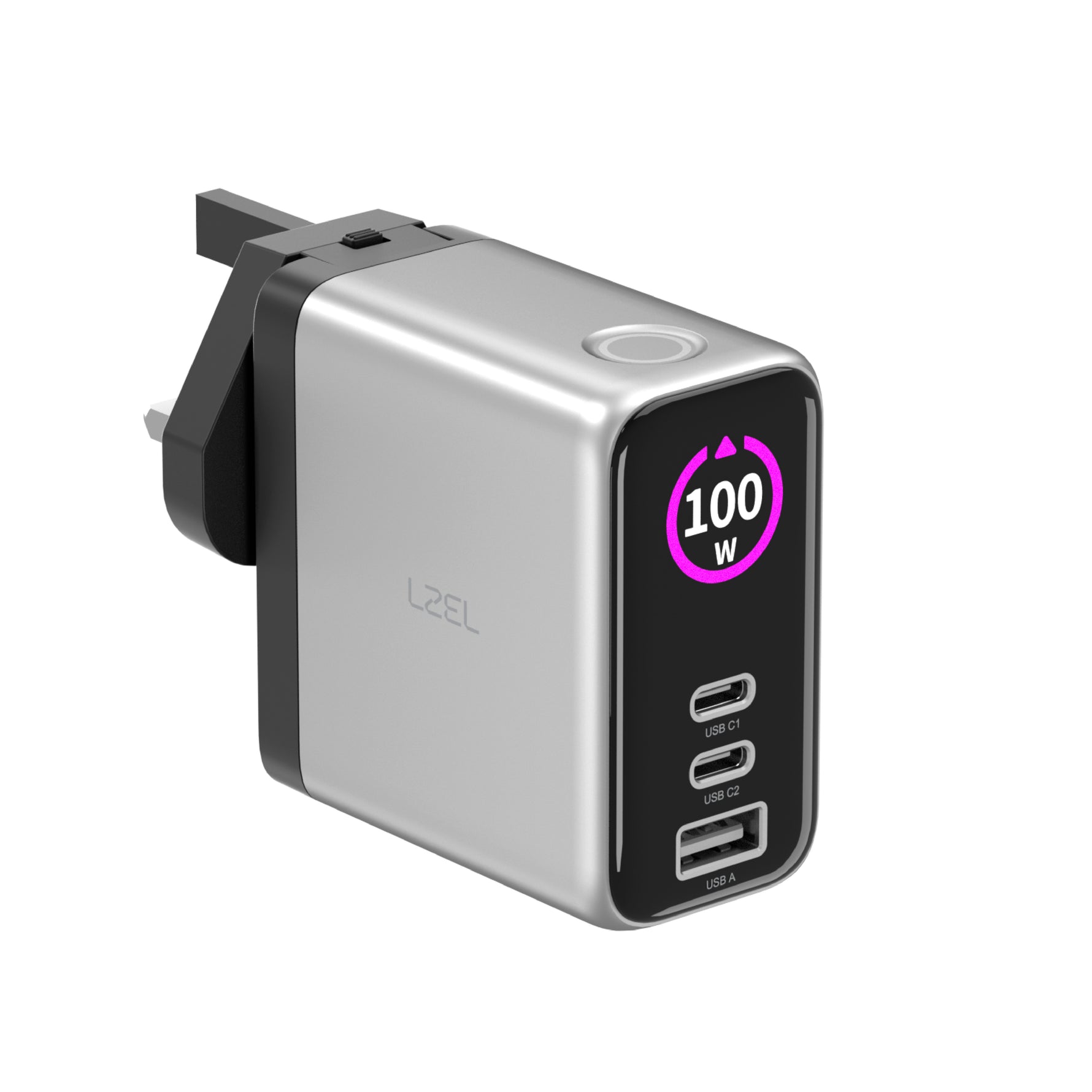 LZEL 100W GaN Travel Charger with 3-Port PD Digital Display & UK/EU/AU Plugs | Silver/Black