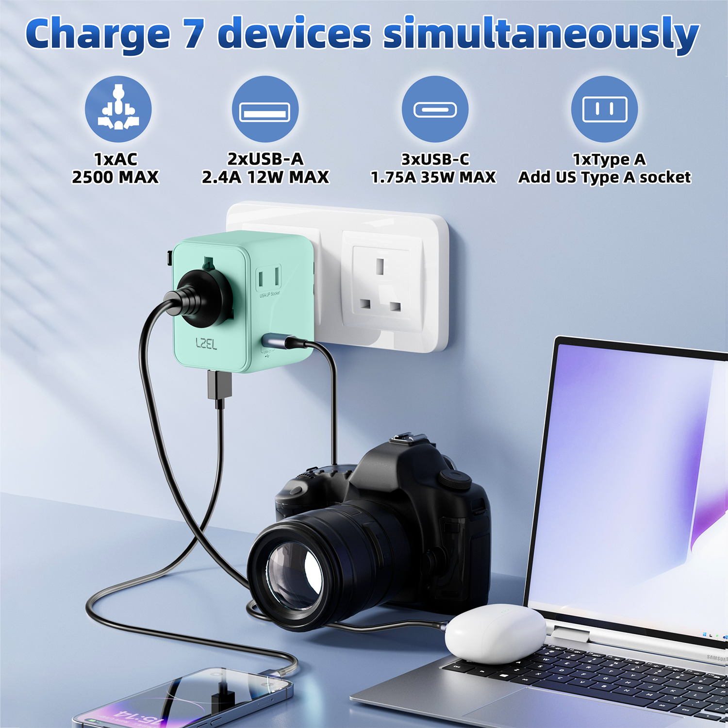 محول السفر Voyage GlobePowers بقوة 35 واط GaN III شحن سريع PD من LZEL | أخضر