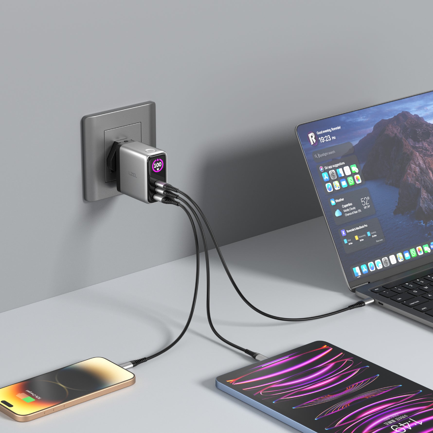 LZEL 100W GaN Travel Charger with 3-Port PD Digital Display & UK/EU/AU Plugs | Silver/Black