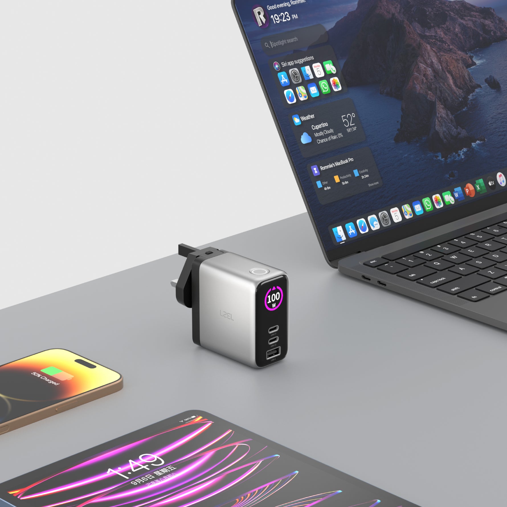 LZEL 100W GaN Travel Charger with 3-Port PD Digital Display & UK/EU/AU Plugs | Silver/Black