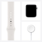 ساعة Apple Watch Series 6 GPS + Cellular مقاس 44mm بإطار من الفولاذ المقاوم للصدأ لون Silver وسوار Sport Band | اللون الأبيض – المقاس العادي.
