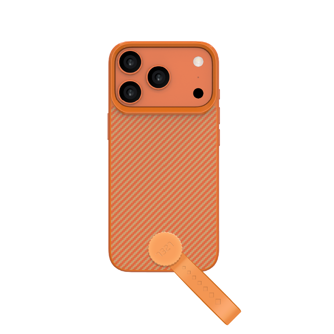 LZEL MagCarbon Strap Carbon Design with 360° Grip and Raised-Edge Protection Case for iPhone 17 Pro | Orange