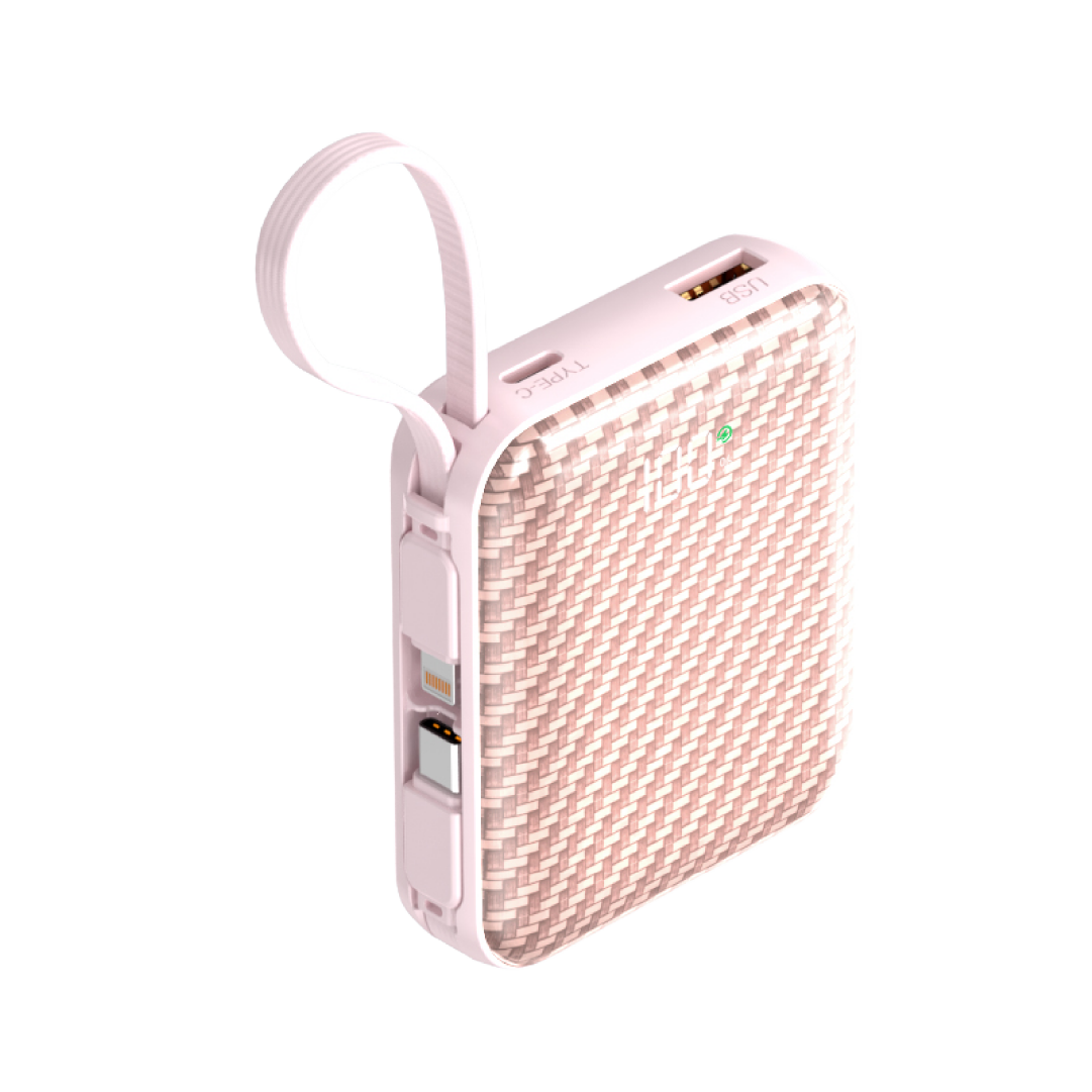 Asli ChargeFlux Mini بطارية متنقلة 10000 مللي أمبير مع كابلي USB-C وLightning مدمجين، شحن سريع PD بقدرة 35 واط | أسود