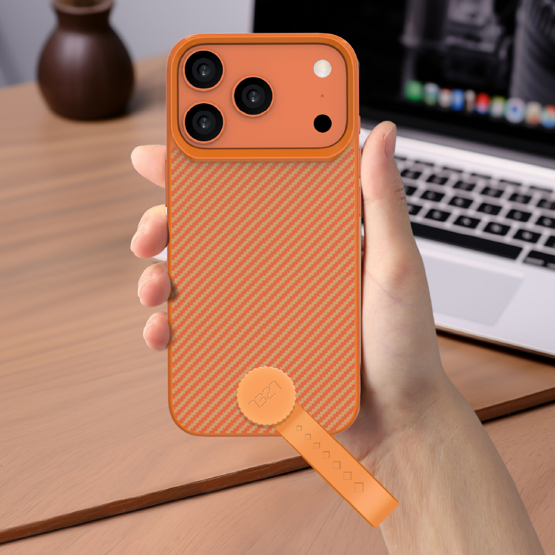 LZEL MagCarbon Strap Carbon Design with 360° Grip and Raised-Edge Protection Case for iPhone 17 Pro | Orange