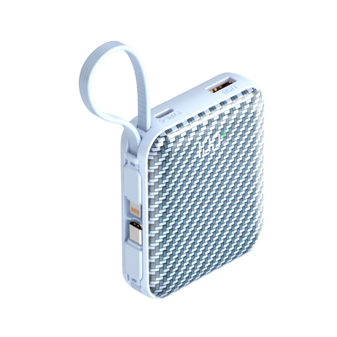Asli ChargeFlux Mini بطارية متنقلة 10000 مللي أمبير مع كابلي USB-C وLightning مدمجين، شحن سريع PD بقدرة 35 واط | أزرق
