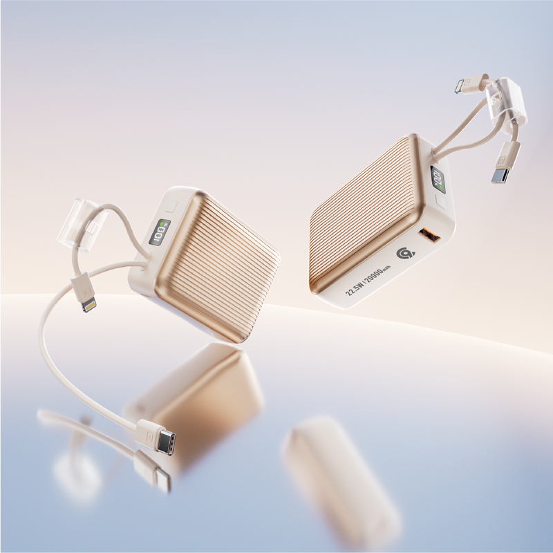 باور بانك من 90% percent بسعة 22.5 واط، مزود بكابلين مدمجين | Usb-C & Usb-A, And With Lightning | رمادي