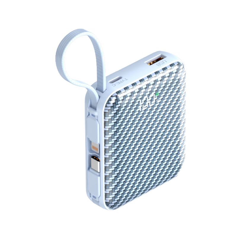 Asli ChargeFlux Mini بطارية متنقلة 10000 مللي أمبير مع كابلي USB-C وLightning مدمجين، شحن سريع PD بقدرة 35 واط 
