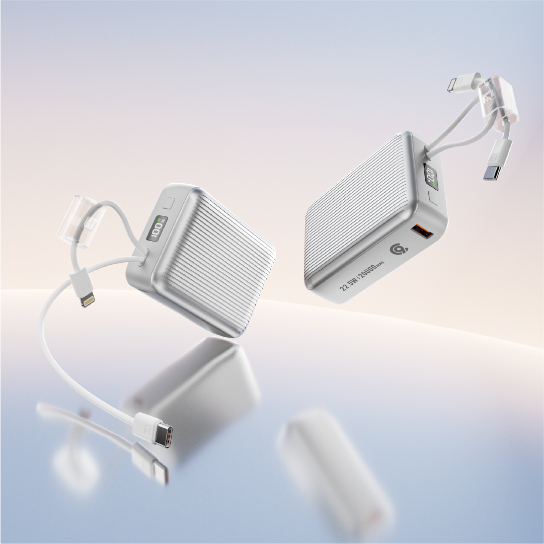 باور بانك من 90% percent بسعة 22.5 واط، مزود بكابلين مدمجين | Usb-C & Usb-A, And With Lightning | فضي