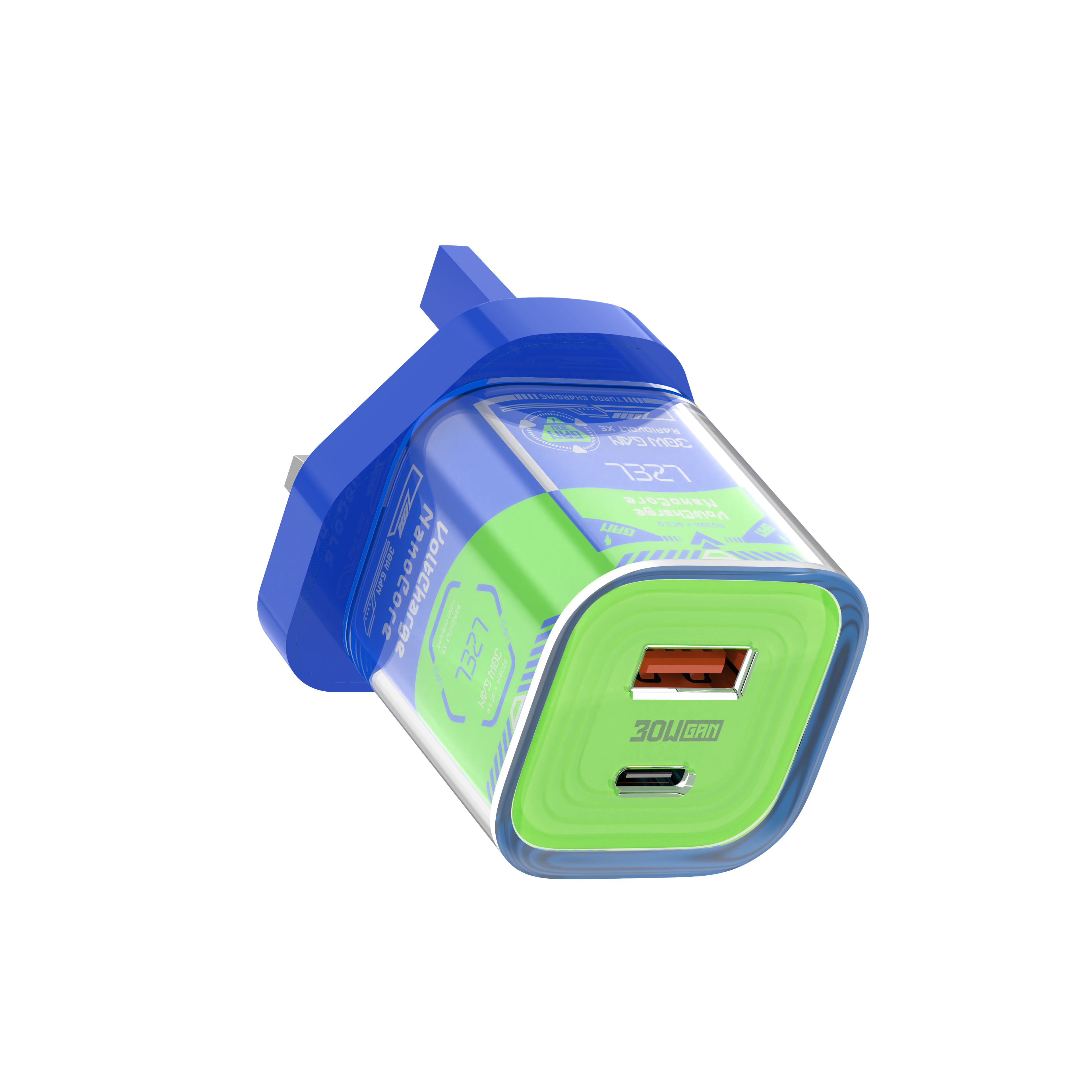 LZEL VoltCharge NanoCore – 30W GaN Transparent Wall Charger | Blue/Green