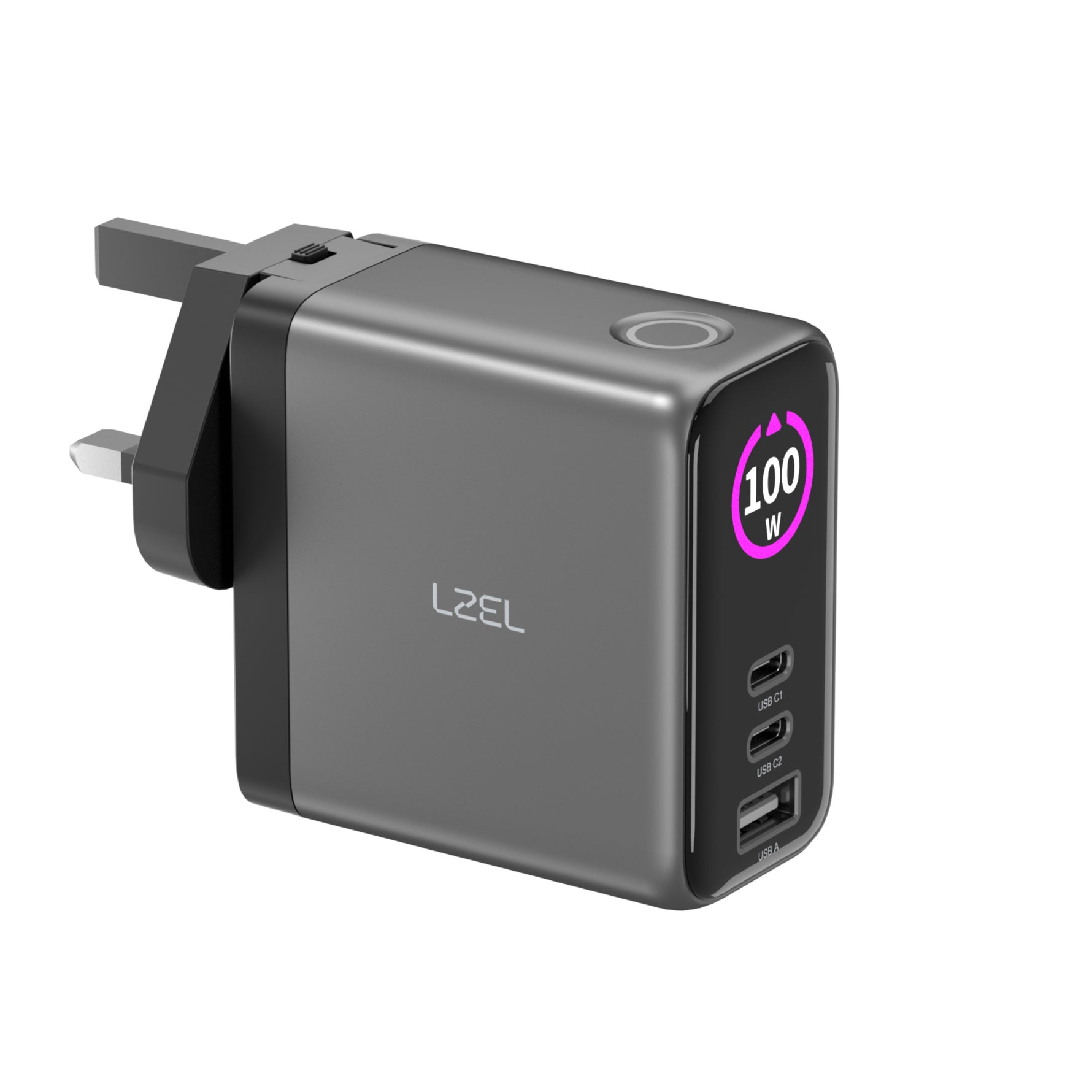 LZEL 100W GaN Travel Charger with 3-Port PD Digital Display & UK/EU/AU Plugs | Gray/Black
