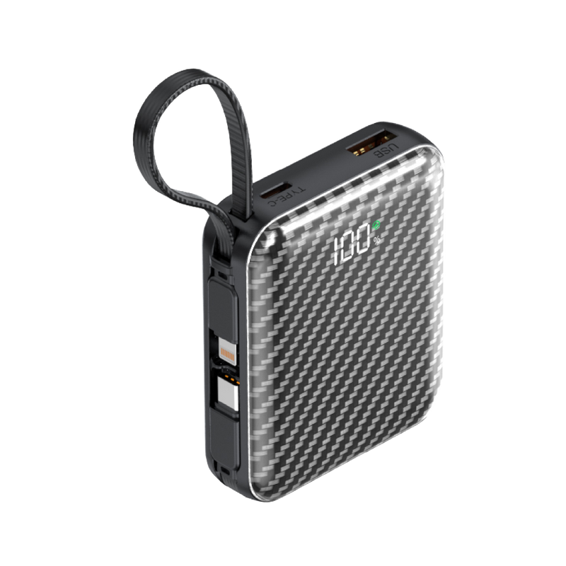 Asli ChargeFlux Mini بطارية متنقلة 10000 مللي أمبير مع كابلي USB-C وLightning مدمجين، شحن سريع PD بقدرة 35 واط 