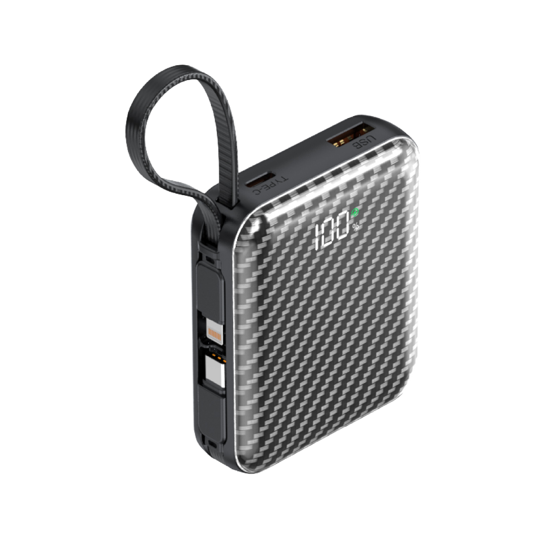 Asli ChargeFlux Mini بطارية متنقلة 10000 مللي أمبير مع كابلي USB-C وLightning مدمجين، شحن سريع PD بقدرة 35 واط | أسود