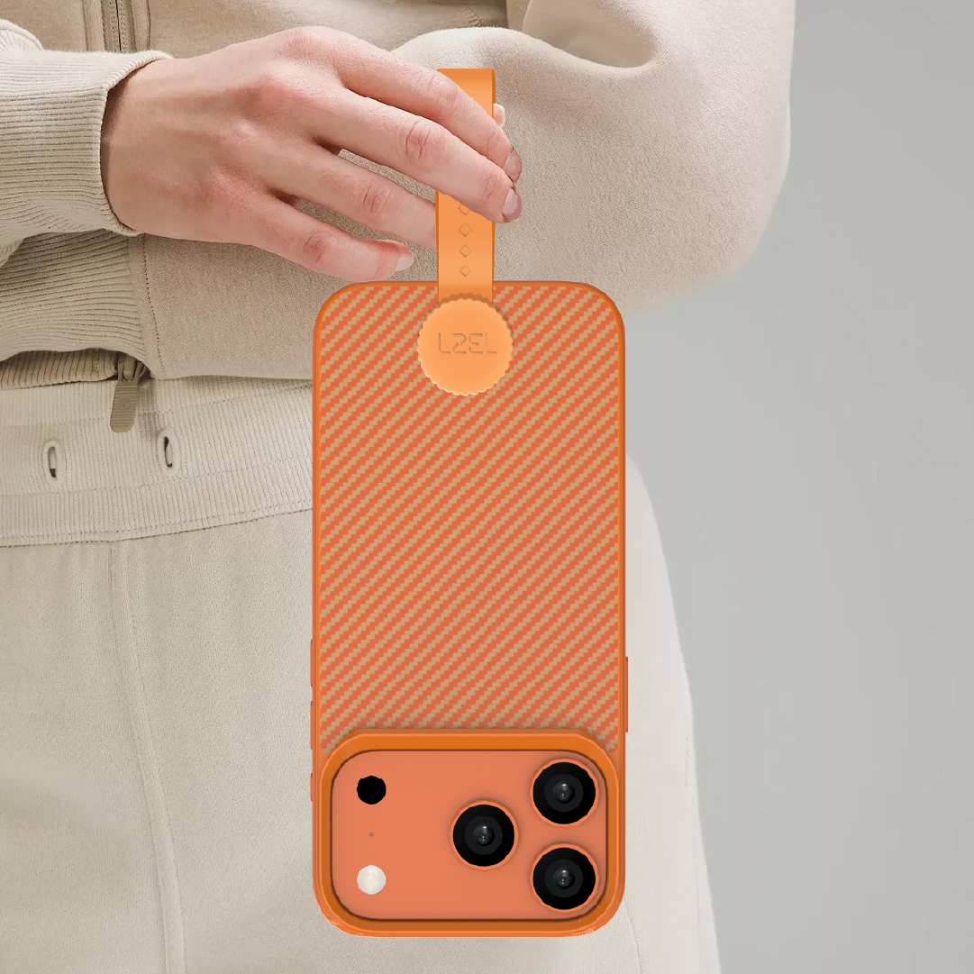 LZEL MagCarbon Strap Carbon Design with 360° Grip and Raised-Edge Protection Case for iPhone 17 Pro | Orange