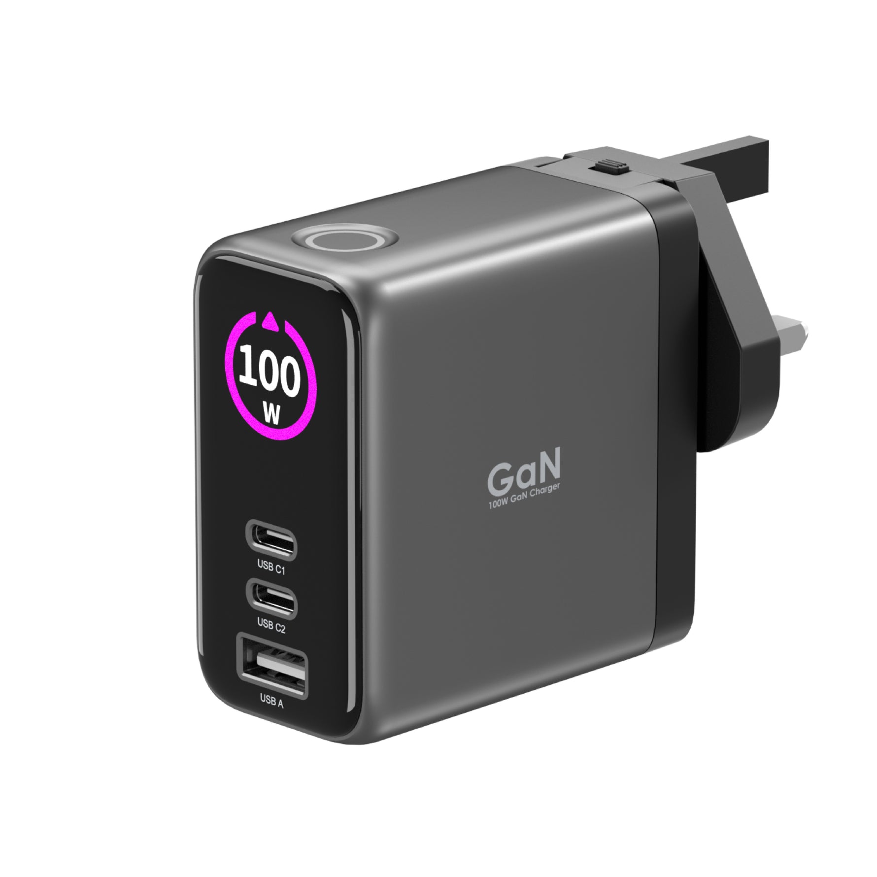 LZEL 100W GaN Travel Charger with 3-Port PD Digital Display & UK/EU/AU Plugs | Gray/Black