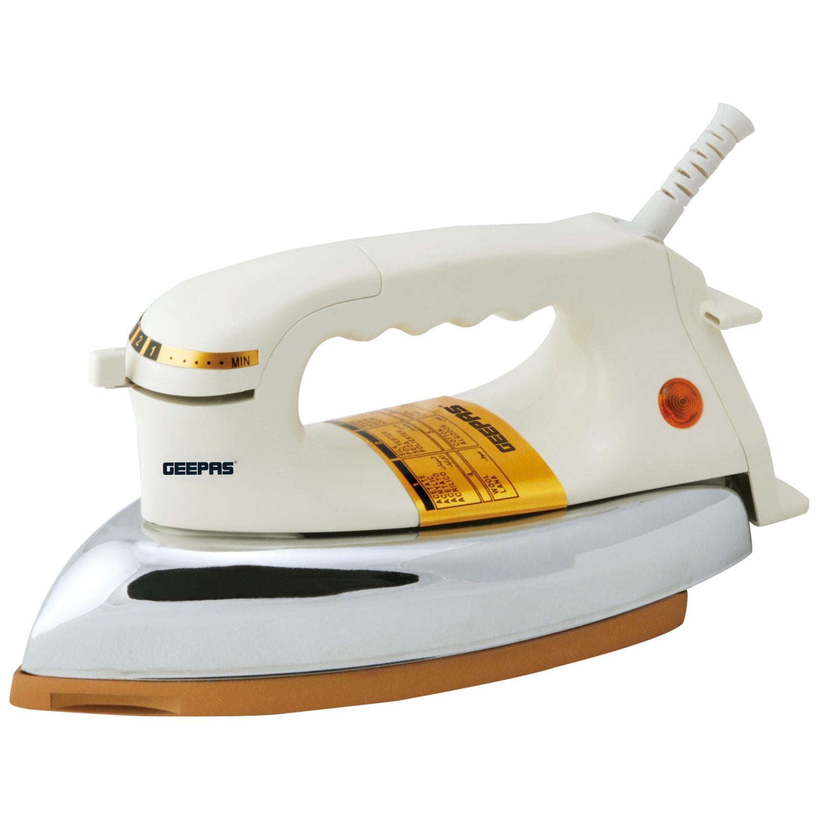 Geepas Automatic Dry Iron | 1200W Heavyweight Iron with 60 Microns Nonstick Golden Teflon Soleplate, Temperature Dial, Safe Handle, All Fabrics