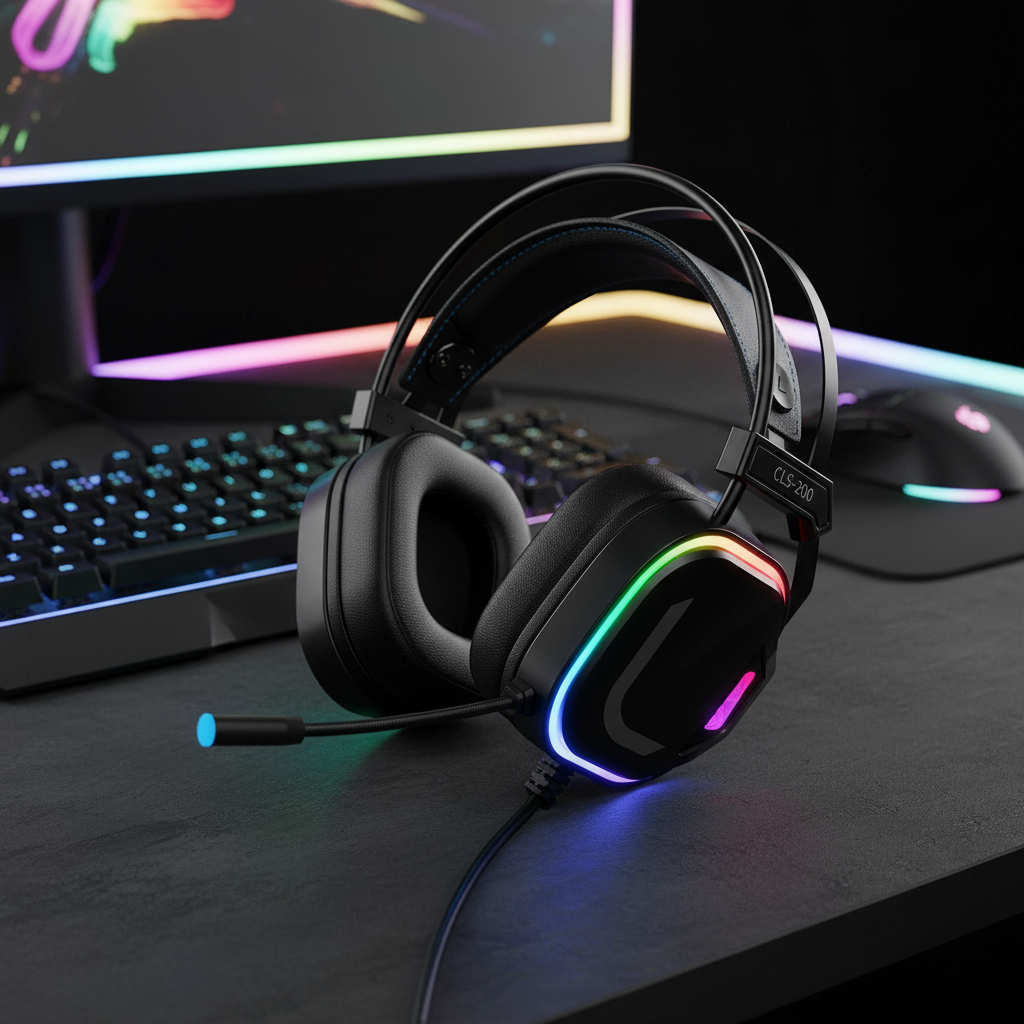 سماعة ألعاب Colusi CLS-200 سماعة رأس سلكية ميكروفون عازل للضوضاء، صوت محيطي ضوء RGB| أسود