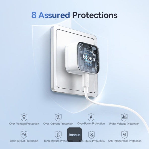 شاحن Baseus Palm سريع 1C بقوة 30 واط | أبيض مون (مع كبيل Baseus USB-C إلى USB-C بقوة 60 واط)