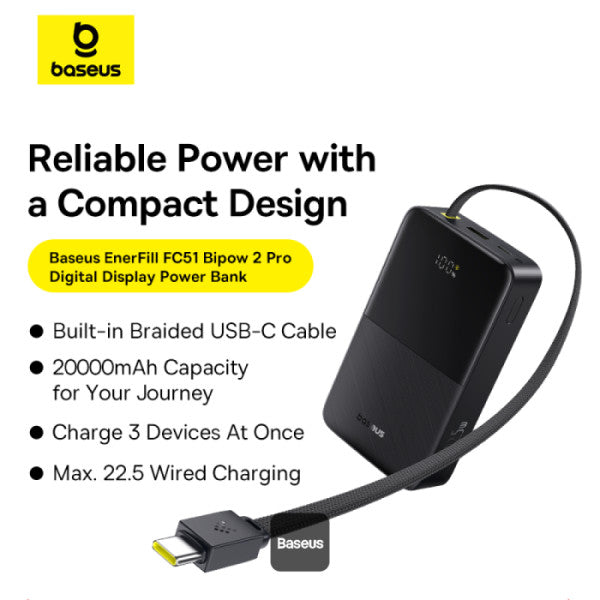 Baseus EnerFill FC51 Bipow2 Pro Digital Display Power Bank with Built-in Cable 20000mAh 22.5W | Cosmic Black