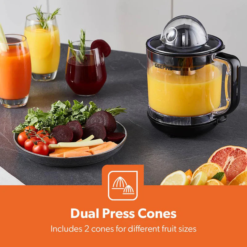 Geepas Citrus Juicer | 1.0L Large Capacity | Two-Way Rotation for Maximum Extraction | Durable Copper Motor | 25W Power | Easy to Clean